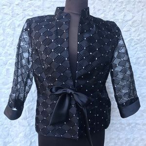 Black Embellished Satin-Tie Evening Blazer